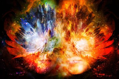 Tüylü karnaval maskeli tanrıça kadın. Kozmik uzayda tanrıça kadın. Bilgisayar Kolajı