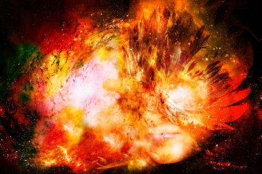 Tüylü karnaval maskeli tanrıça kadın. Kozmik uzayda tanrıça kadın. Bilgisayar kolajı. Ateş etkisi