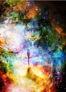 Viking Teknesi ve Tanrıça Kadın. Tahta ejderhalı tekne. Kozmik alan arkaplanı