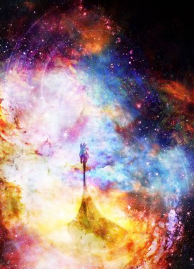 Uzayda yıldızlı Viking teknesi, bilgisayar kolajı, tahta ejderhalı tekne.