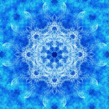 Süslü mandala. Orijinal el çizimi ve bilgisayar kolajı. Mavi renkli yapı. Kış etkisi