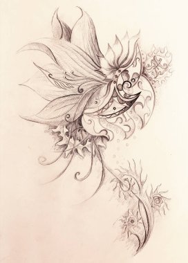 Süslü çizim. Orijinal el çizimi ve bilgisayar kolajı