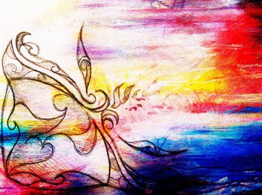 Süs çizim. Özgün el çizmek ve bilgisayar kolaj. Renk yapısı