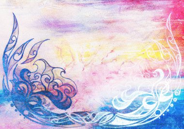 Süs çizim. Özgün el çizmek ve bilgisayar kolaj. Renk yapısı