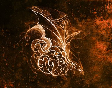 Eski kağıda süs ve ejderha kafası çizimi. Renk efekti