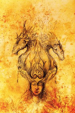 Mistik ateş ve süs ejderhaadam, kağıt üzerinde kalem kroki