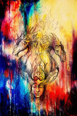 Mistik ateş ve süs ejderhaadam, kağıt üzerinde kalem kroki