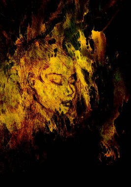 Güzel bir kadın portresi. Eski kağıda kalem çizimi. Renk efekti