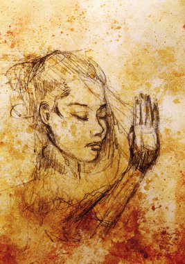 Güzel bir kadın portresi. Eski kağıda kalem çizimi. Renk efekti