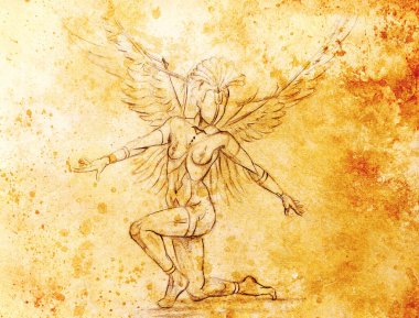 Gizemli kadın savaş öncüsü. Eski kağıda kalem çizimi. Renk efekti