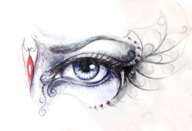 Süslü grafik arkaplanda kadın gözü çizmek. Grafik etkisi