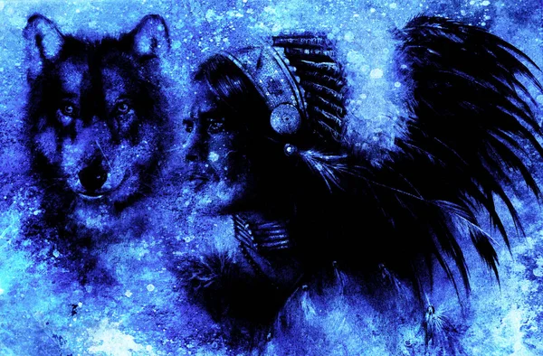 画一个年轻的印第安战士头戴华丽的羽毛头饰与狼 冬季影响 — 图库照片