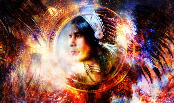 Painting Young Indian Warrior Wearing Gorgeous Feather Headdress Mayan Calendar — Stock Photo, Image