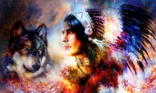 オオカミと豪華な羽飾りをつけた若いインディアン戦士の絵 宇宙背景 プロフィールポートレート — ストック写真