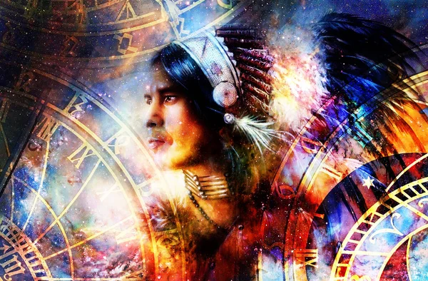 Indian Warrior Wearing Gorgeous Feather Headdress Indian Spirit Time Concept — Stock Photo, Image