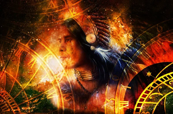 indian warrior wearing a gorgeous feather headdress. Indian spirit and time concept with zodiac. Cosmic background. Fire effect