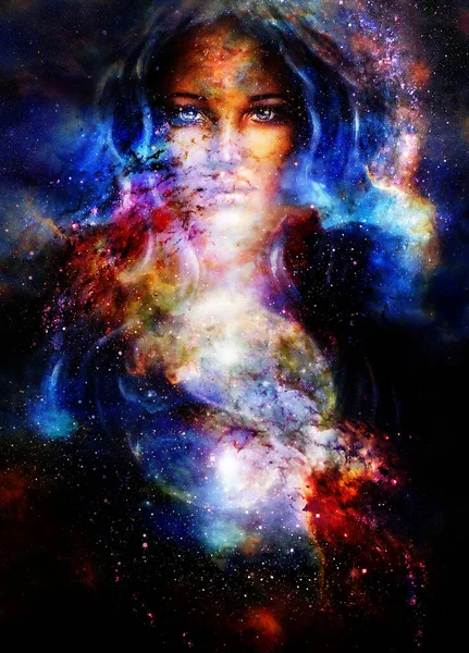 goddess woman and symbol Yin Yang in cosmic space