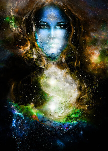 goddess woman and symbol Yin Yang in cosmic space