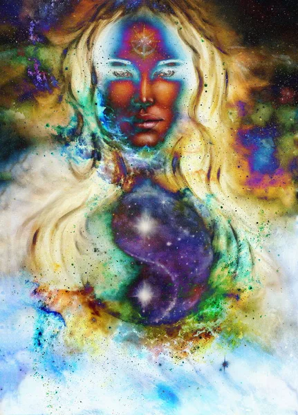 goddess woman and symbol Yin Yang in cosmic space