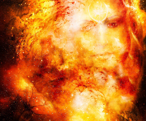 Goddess Woman in Cosmic space. Cosmic Space background. eye contact. Fire effect
