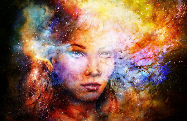 Goddess Woman in Cosmic space. Cosmic Space background