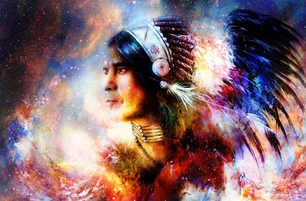 Beautiful Young Indian Warrior Cosmic Space Painting Collage — Stock Photo, Image