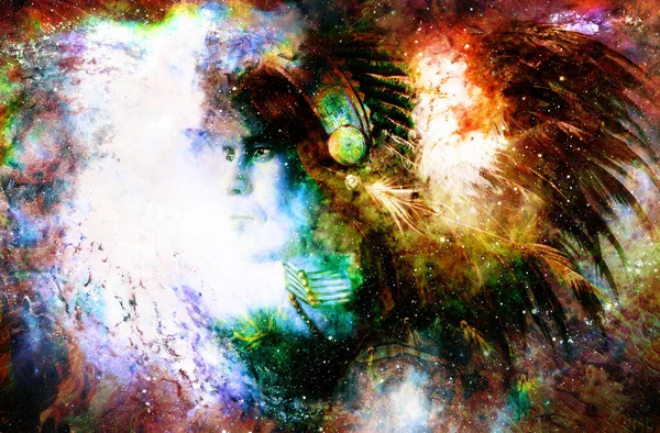 Beautiful Young Indian Warrior Cosmic Space Painting Collage Fire Effect — Stock Photo, Image