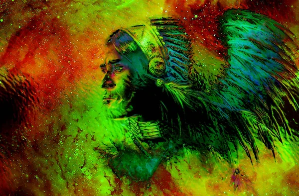 Prachtige Jonge Indiaanse Krijger Kosmische Ruimte Collage Schilderen Glazen Effect — Stockfoto