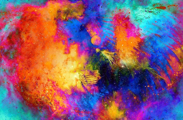 Kozmik uzayda genç ve güzel bir Kızılderili savaşçısı. Resim kolajı. Ateş etkisi