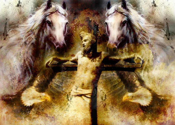 耶稣对十字架和动物的阐释 图画版 塞皮亚效应 — 图库照片