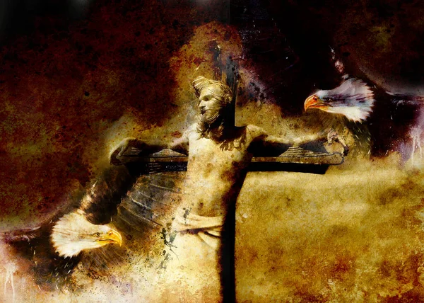 Interpretatie Van Jezus Aan Het Kruis Adelaars Grafische Schilderijversie Sepia — Stockfoto