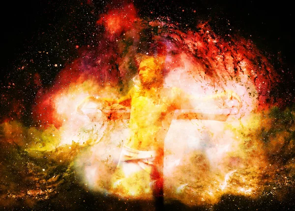 Interpretacja Jezusa Krzyżu Przestrzeni Kosmicznej Efekt Ognia — Zdjęcie stockowe