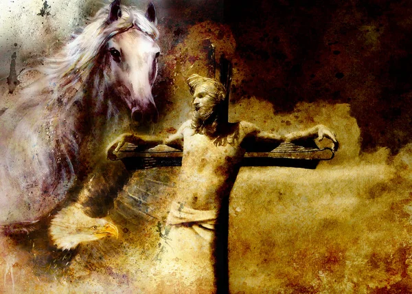耶稣对十字架和动物的阐释 图画版 塞皮亚效应 — 图库照片