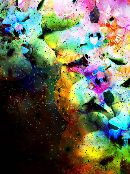 Cosmic space with flower, color galaxy background, computer collage
