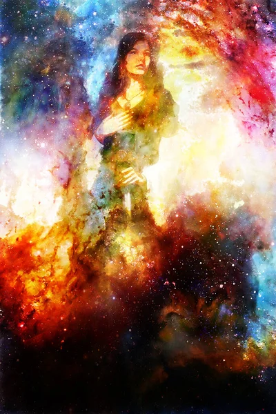 Tanrıça Kadın Kozmik Işık Kılıcını Tutuyor Kozmik Arkaplan — Stok fotoğraf