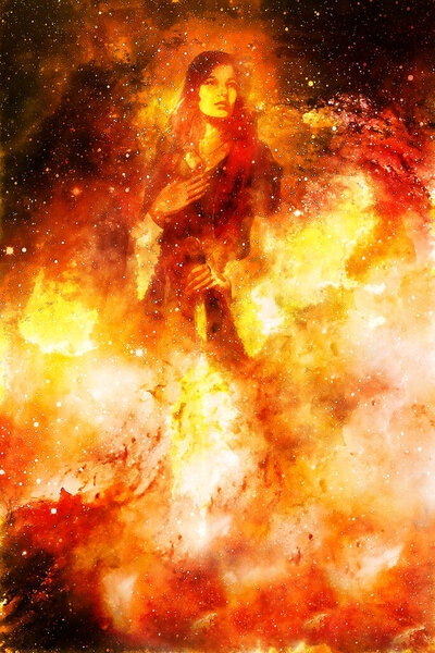 Goddess Woman holding cosmical light sword. Cosmic background. Fire effect