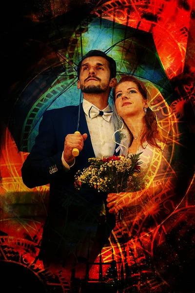 Novia Novio Con Paraguas Azul Collage Zodiacal —  Fotos de Stock