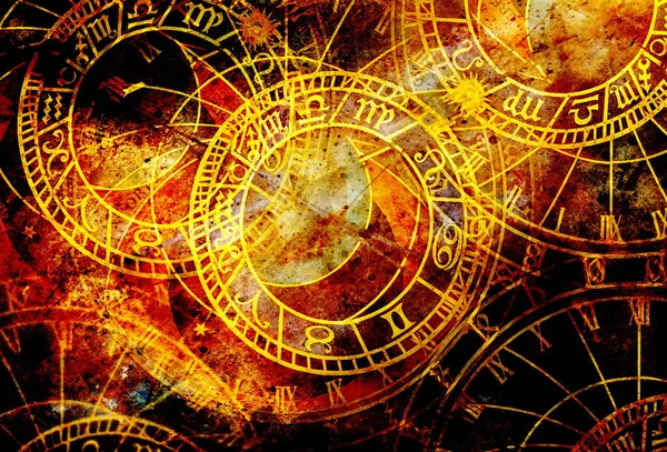 Reloj Viejo Collage Zodiacal Fondo Color Abstracto — Foto de Stock