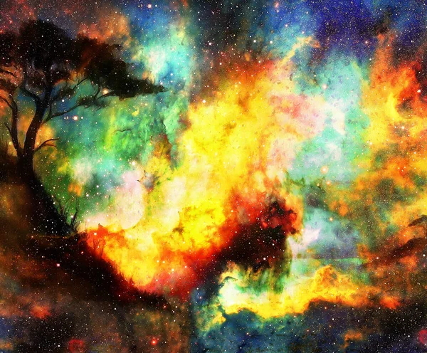 Baum Kosmischen Weltraum Hintergrund Farbcollage — Stockfoto