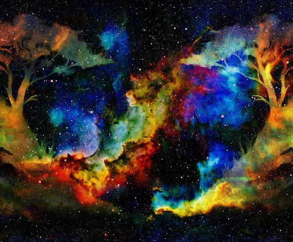 Baum Kosmischen Weltraum Hintergrund Farbcollage — Stockfoto
