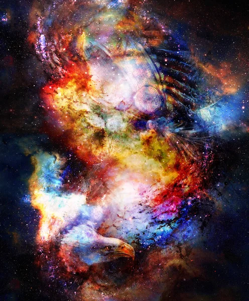 Магический Космический Орел Индийские Головные Уборы Многоцветный Компьютерный Графический Коллаж — стоковое фото