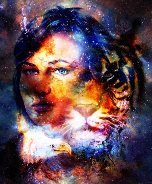 Kobieta Goodnes Tygrys Orzeł Kosmiczne Tło Przestrzeni — Zdjęcie stockowe