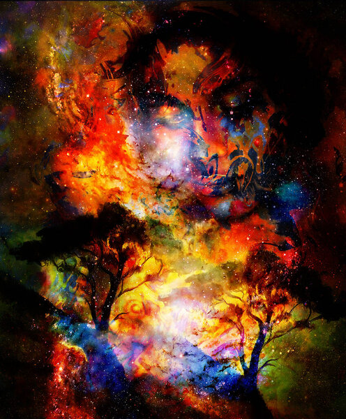 Goddess woman and tree in cosmic space. Graphic effect