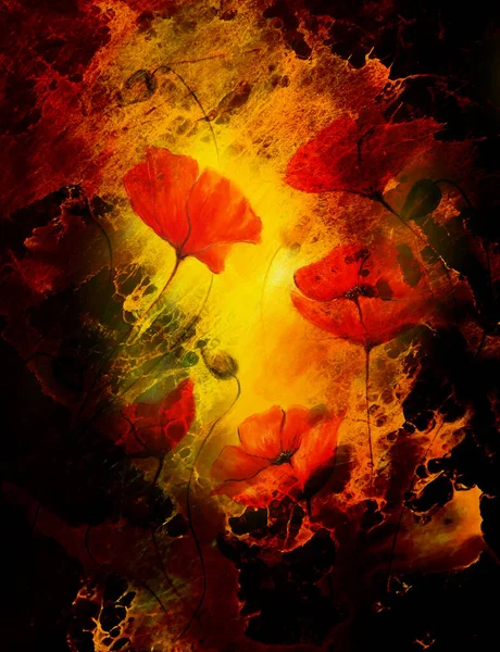 罂粟花在抽象的色彩背景上 火力效果 — 图库照片