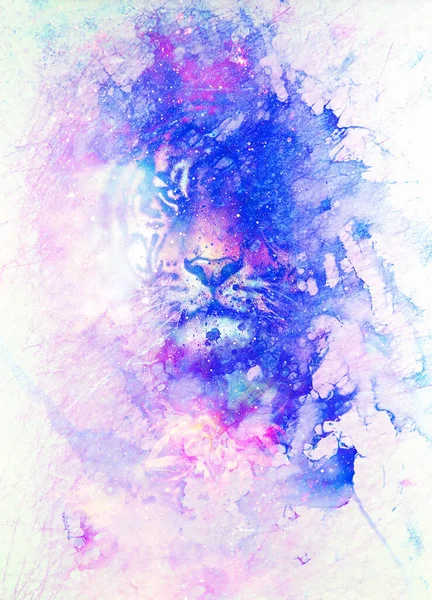 Magisk Rymd Tiger Flerfärgad Dator Grafiskt Collage Marmorverkan — Stockfoto