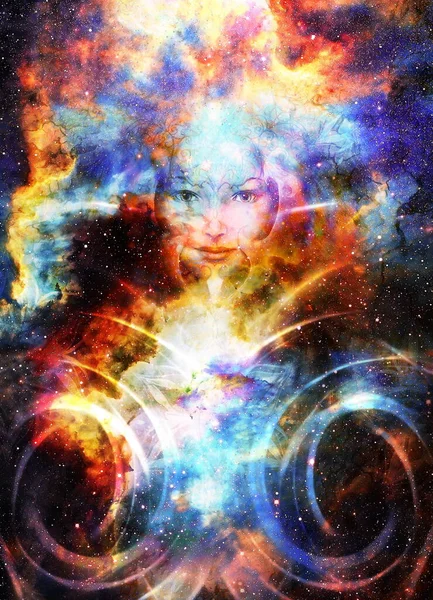 Göttin Frau Und Lichtkreis Kosmischen Raum Kosmischer Weltraum Hintergrund Blickkontakt — Stockfoto