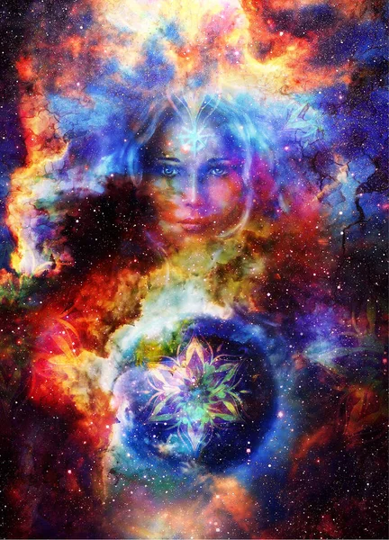 Deusa Mulher Com Mandala Ornamental Planeta Terra Espaço Cósmico Fundo — Fotografia de Stock