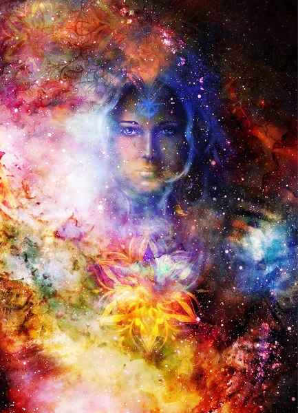 Bogini Kobieta Ozdoby Przestrzeni Kosmicznej Kosmiczne Tło Kontakt Wzrokowy — Zdjęcie stockowe