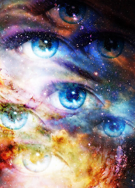 Woman eyes in cosmic background. Painting and graphic design