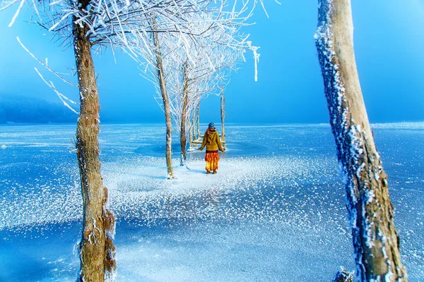 Vrouw Het Ijsmeer Mooie Etno Jurk Mooie Bevroren Bomen — Stockfoto